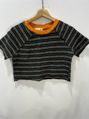 We The Free Black & White Striped Crop Top with Orange Neckline